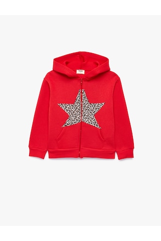 Koton Leopar Desenli Yıldızlı Uzun Kollu Şardonlu Fermuarlı Kapşonlu Sweatshirt Kırmızı 7wkg10050ak