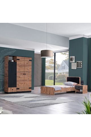 Milas Genç Odası - 3 Kapaklı Dolap, Karyola, Komodin