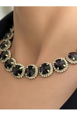Riviere Kristal Taşlı Çiçek Model Mor Renkli Kolye Küpe Set