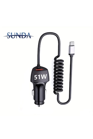 Sundaree 51w Karbon Fiber Yaylı Şarj Kablolu 2 Girişli Type-c Ve Usb Hızlı Ce Lisanslı Sertifkalı inal Sağlam Araç Şarjı Siyah