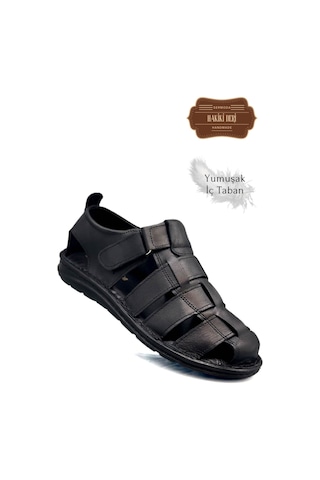 Sermoda Hakiki Deri Burnu Kapalı Erkek Sandalet Siyah