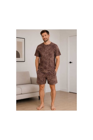 Pijamask Erkek Baskılı Şortlu Pamuklu Yazlık Pijama Takımı Kahverengi