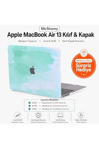 Macbook Air 13 İnç Kılıf A2337 M1 A2179 A1932 Uyumlu Hard Case Sert Kapak Suluboya Desenli Uv Baskılı Koruyucu Kılıf İnce Hafif Laptop Kılıfı Açık Yeşil
