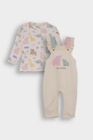 Defacto 2'li Dinozor Baskılı Salopet Tulum Ekru Kız Bebek Alt-üst Takım F2188a5/er233 Ekru