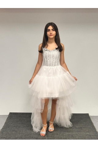 Kız Çocuk Abiye Krem Önü Kısa Kuyruklu Payet İşlemeli Biyeli Transparan Kaplama Abiye Elbise 10-15 Yaş Krem