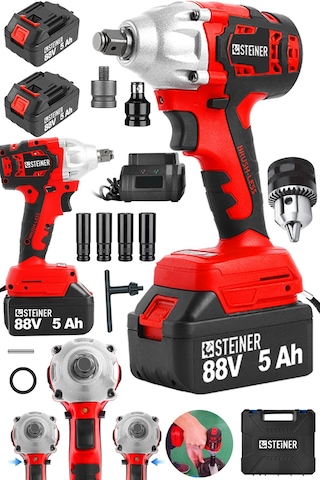 Steiner 88V 5Ah Çift Akülü Kömürsüz Çantalı Matkap Bijon Somun Sıkma Makinesi Kırmızı + Mandren