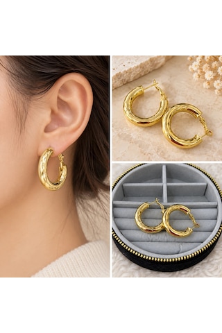 Premium Parlak Ve Şık Gold Renk Dokulu Bombeli Küçük Boy 316l Çelik Halka Kadın Küpe Altın