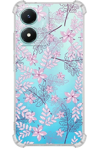 Vivo Y16 Uyumlu Köşe Korumalı Floral Pudra Tasarımlı Şeffaf Silikon Kılıf