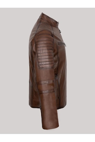 Hakiki Kuzu Derisi Kahverengi Erkek Deri Mont Bel Işlemeli Deri Ceket Kahverengi