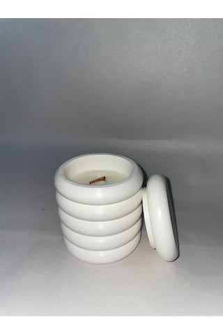 Bubble Kapaklı, Ahşap Fitilli, Beton Saksı Kokulu Mum Beyaz 1