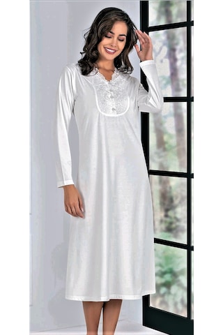 dantel detaylı uzun kol gecelik Ekru