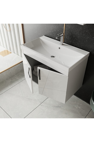 Ege 80 Cm Led Aynalı, 2 Kapaklı Banyo Dolabı Seti, Seramik Lavabo Dahil, Led'li Beyaz