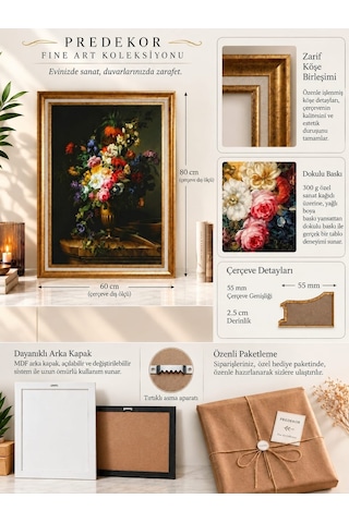 Gold Varaklı Vintage Çerçeveli Büyük Boy Tablo Dark Floral Klasik Sanat Eseri Dokulu Yağlı Boya Dekoratif Tablosu 50 X 70 Çerçeveli 60 X 80