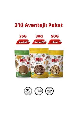 3'lü Gurme Baharat Seti Kurutulmuş Limon Lime 50g Muskat 25g Tane Karanfil 30g