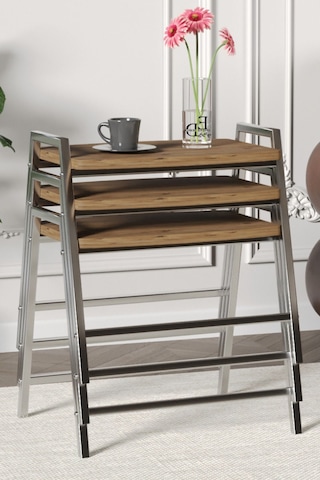 Zigon Sehpa , Aden 3'lü Tepsi Zigon Sehpa Takımı Gümüş Metal - Atlantik Çam Tabla Gümüş-atlantik Çam