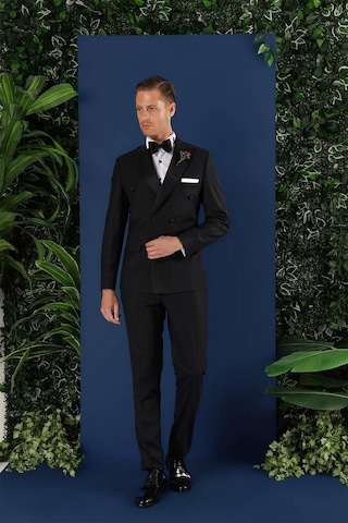 Efor Black 071slim Fit Çıkarılabilir Saten Yaka Kruvaze Siyah Damatlık Smokin Takım Siyah