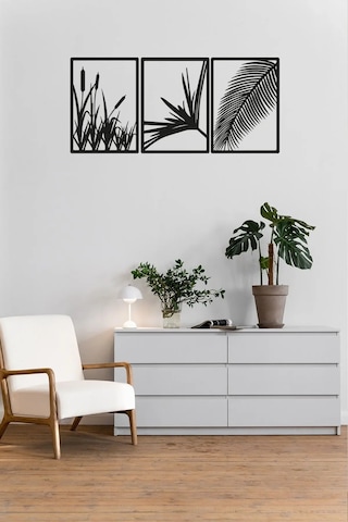 3'lü Lazer Kesim Dekoratif Ahşap Sazlık Tablo - 98x25 Cm Her Biri 18x25 Cm