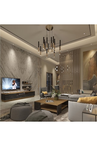 Trendstyle 4s Mdf Tv Ünitesi Ve Orta Sehpa 2'li Set - Pera Siyah Mermer Safir Meşe - Royal Mermer