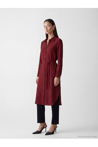 Lcw Everyday Bordo Oversize Gofre Kadın Gömlek Tunik