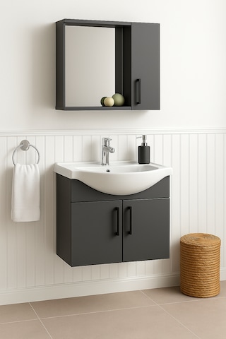 Lacrime 65 Cm Antrasit Renkli Mdf, Oval Seramik Lavabolu, Alt Ve Antrasit
