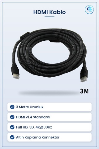 Hdmı V1.4 Kablo 3 Metre Örgülü Altın Kaplama Full Hd 3d 4k 30hz T