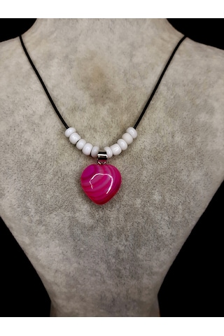 Mryart Doğal Taş Kalp Uçlu Kolye Pembe Oniks Taşı & Beyaz Boncuklu Fuşya