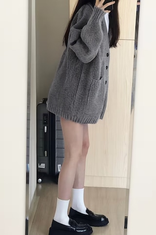 Cool Tarz Kadın Oversize Cepli Düğmeli V Yaka Triko Hırka Füme Füme