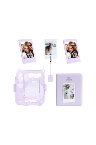 Instax Mini 12 Simli Şeffaf Lila Kılıf Pvc 64'lü Albüm Ve Fotoğraf Çerçeveleri Aksesuar Seti