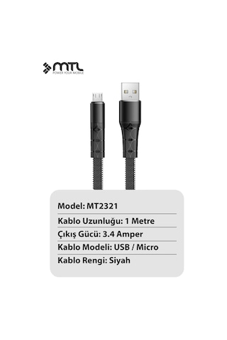3.4a Micro Usb Ultra Hızlı Metal Başlıklı Flat Örgülü Şarj Ve Data Kablosu Mt2321