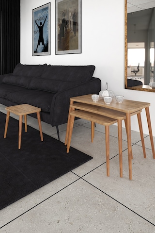 Selena 4lü Zigon Sehpa Ahşap Ayaklı Salon Seti Çay Sehpası Çam