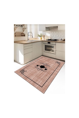 Gri Ve Somon, Kupa, Kaymaz Dökülmez Deri Taban Mutfak Halısı