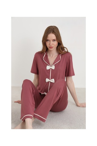 Elitol Bamboo Örme Papyonlu Kadın Pijama Takımı Gül Kurusu-2
