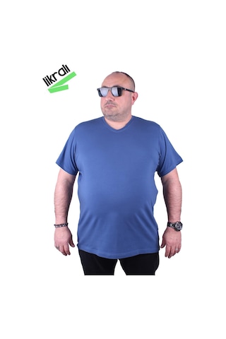 Moc Grande Mocgrande Erkek Büyük Beden Likralı Basic V Yaka Tişört 11170 Indıgo-Indıgo Çok Renkli