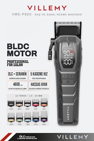 Vme-p920 Profesyonel Saç Ve Sakal Kesme Makinesi Bldc Motor Şarjlı Dlc Seramik Bıçak 10 Tarak Dijital Ekran 4600 Mah