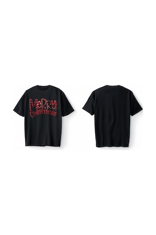 Bumeta Klasik Yılbaşı Merry Christmas Baskılı Oversize Unisex Tişört T-shirt Siyah
