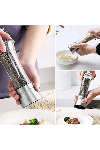 2 Adet Tuz Karabiber Değirmeni Cam Gövdeli Paslanmaz Çelik Kapakl