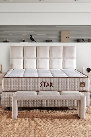 Star Yatak Seti 180x200 Cm Çift Kişilik Yaylı Sert Ortopedik Yatak Krem Keten Lüks Baza Başlık Takım