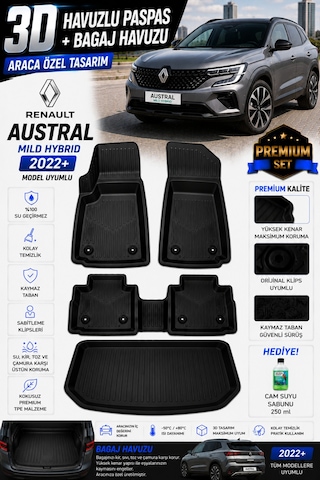 Renault Austral Mıld Hybrıd 2025 Model Uyumlu 3d Araca Özel Havuzlu Paspas+bagaj Havuzu Birebir Uyum