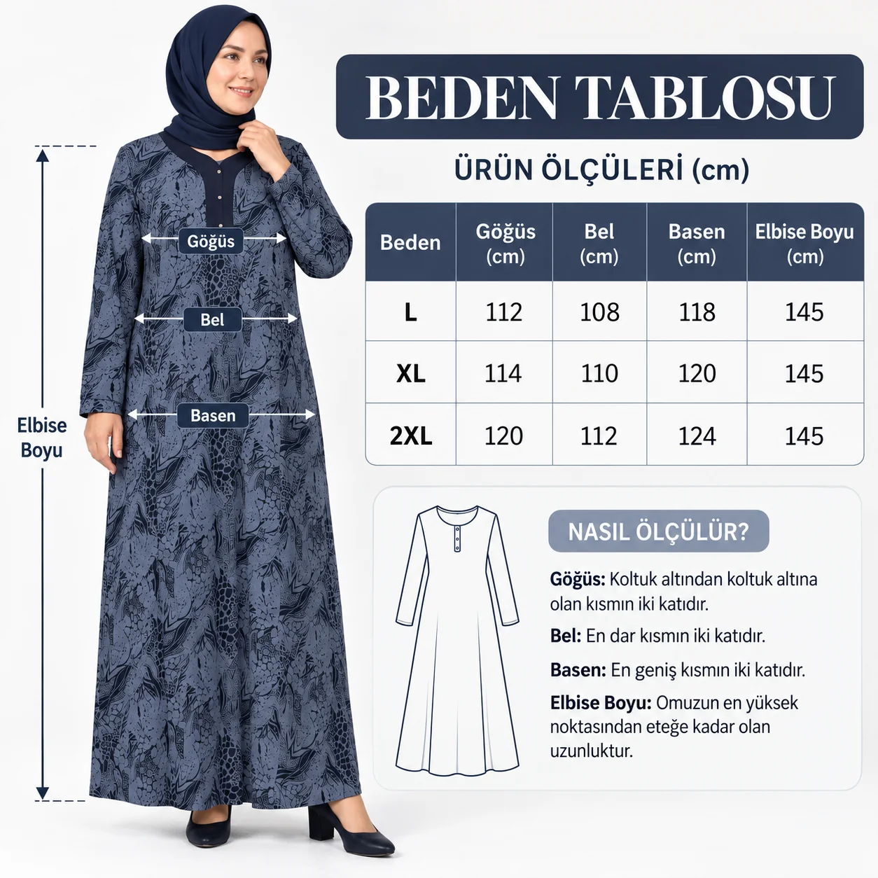 Neco Giyim Kadın Büyük Beden Uzun Kol Desenli Tesettür Elbise Çiçek Desenli Günlük Elbise Antrasit