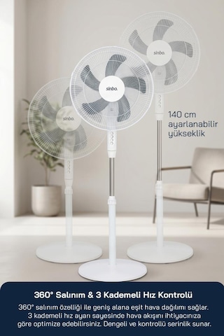 Sinbo Sf-7705 Ayaklı Vantilatör 16 Inç 45w Sessiz Fan 3 Kademeli Yükseklik Ayarlı Güçlü