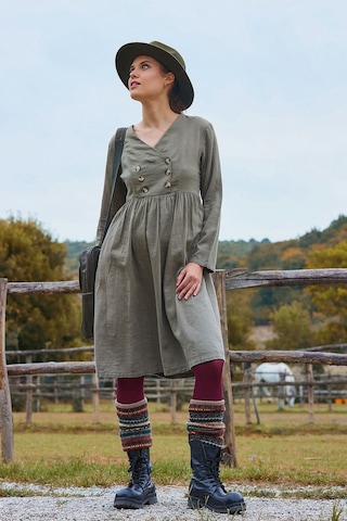 V Yaka Düğme Detaylı Fermuar Kapamalı Uzun Kollu Elbise Haki