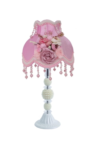Dekovien Kadife Kaplı Çiçek Dekorlu Şeker Pembe Abajur Pembe