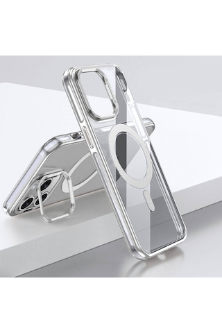 Apple Uyumlu iPhone 14 Pro Max Kılıf Magsafe Şarj Özellikli Wlons Standlı Efsane Kapak Gümüş