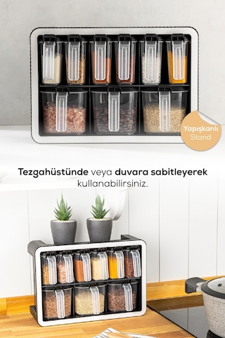 Vienev 9lu Standlı Kendinden Yapışkanlı Kaşıklı Baharatlık Seti Antrasit