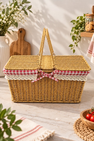 Hasır Rattan Dikdörtgen Piknik Sepeti Sepet Düzenleyici 18 38 25cm Sarı