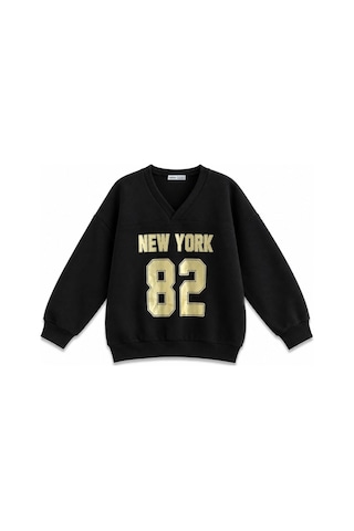 Vadon 1046 Kadın V Yaka New York Baskılı 3 İplik Pamuklu Sweatshirt Siyah