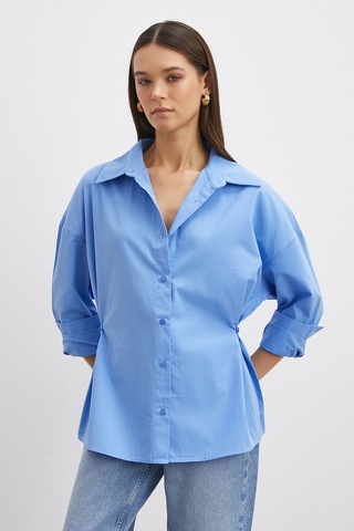 Düğme Detaylı Pamuklu Gömlek Mavi Mavi