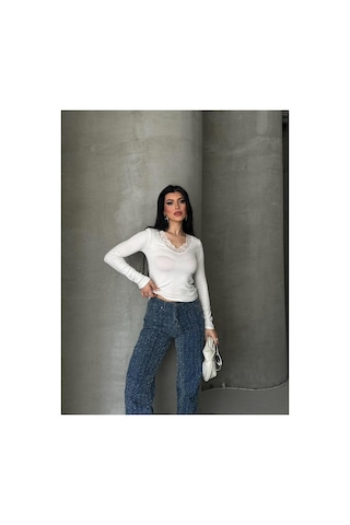 Dima Fashion Dantel Detaylı Bluz Beyaz