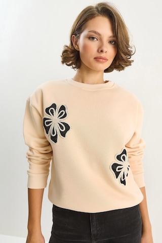 Shade Kadın Bisiklet Yaka Çiçek Nakışlı Üç İplik Şardonlu Sweatshirt 60601045 - Bej