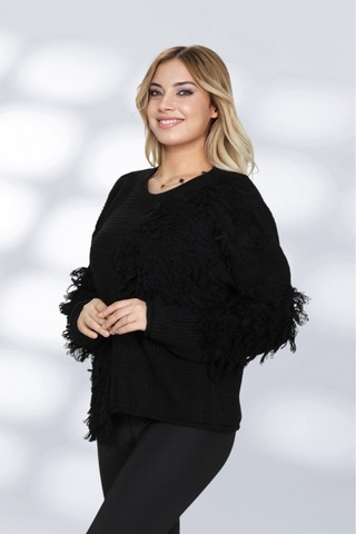 Newco Kadın Patchwork Tasarımlı Dokulu Triko Kazak - Oversize Ve Rahat Formlu - Siyah Siyah